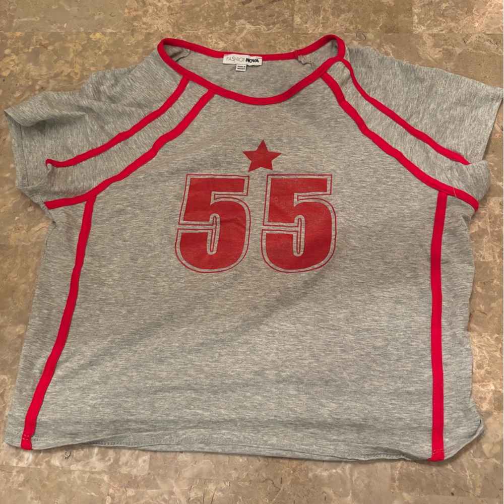 Sporty Gray and Red Crop Top with Bold Number